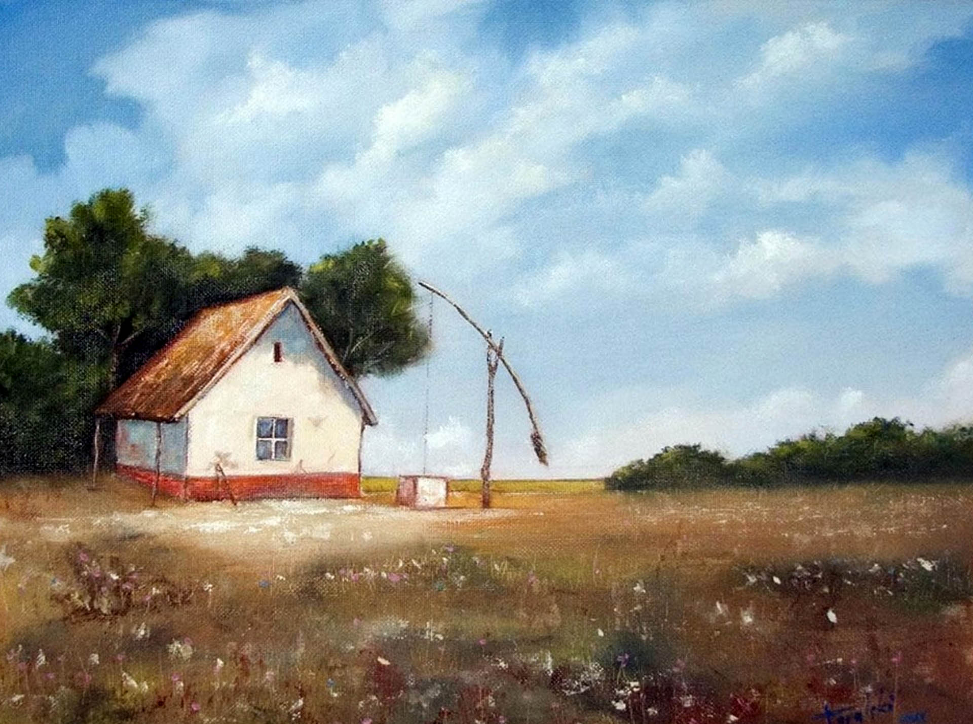 a kép tartalma: parasztház, gémeskút, fák