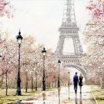 a képen eiffel torony, szerelmespár, sétány, lámpa látható