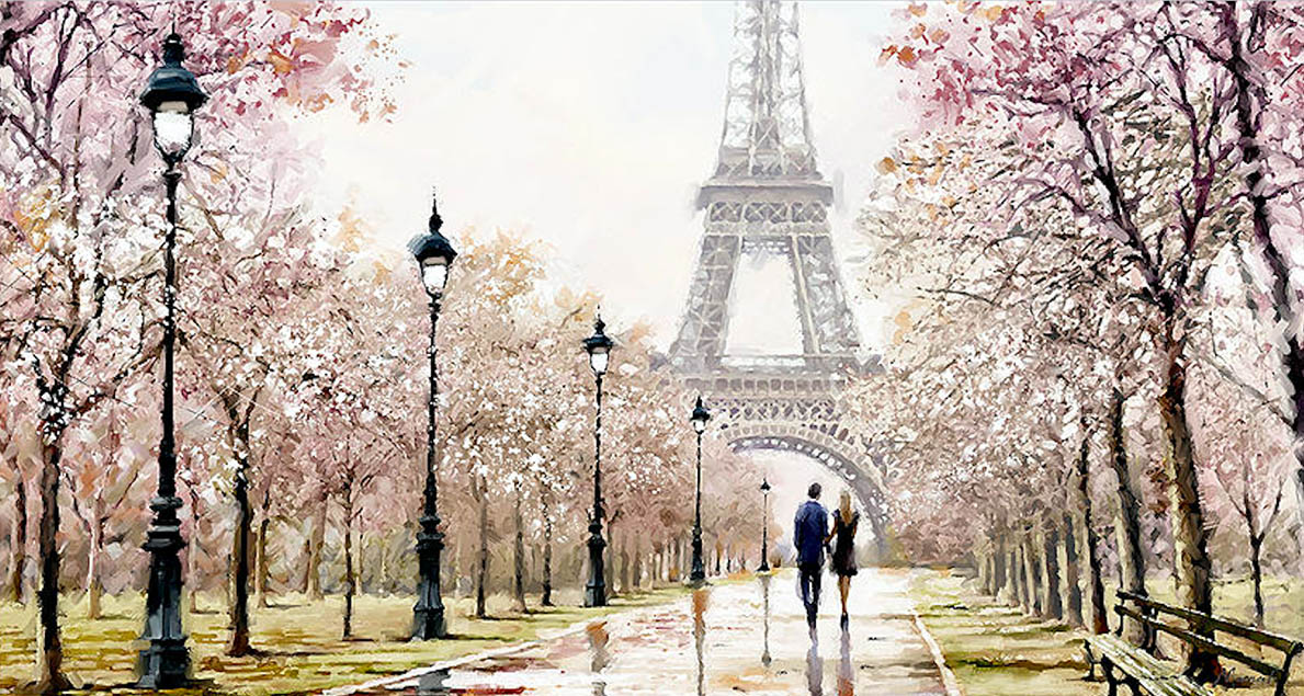 a képen eiffel torony, szerelmespár, sétány, lámpa látható