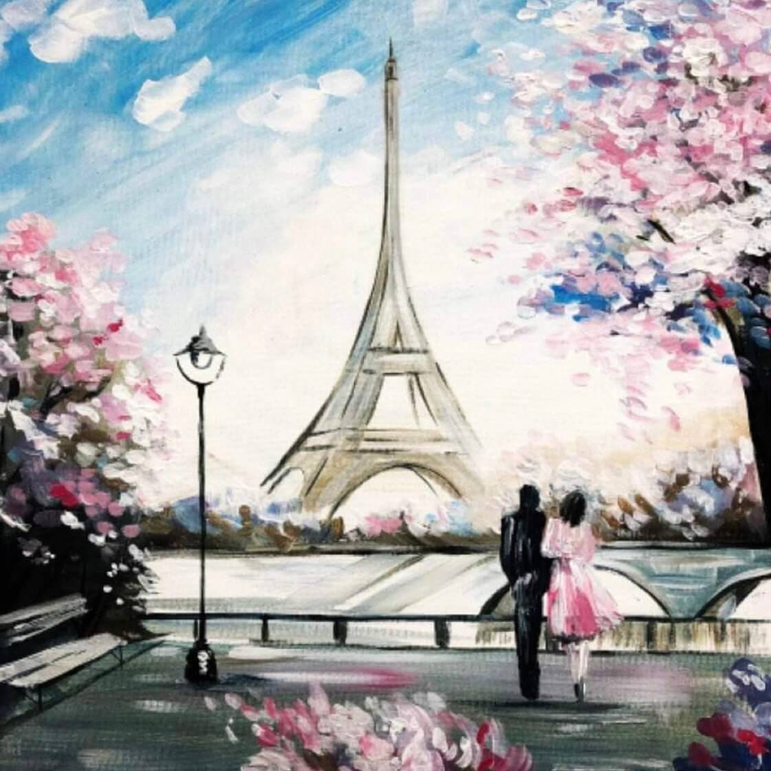 párizsi látkép, eiffel torony, szerelmes pár