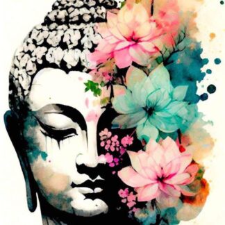 a két egy buddha fejet és zöld, rózsaszín árnyalatú virágokat tartalmaz