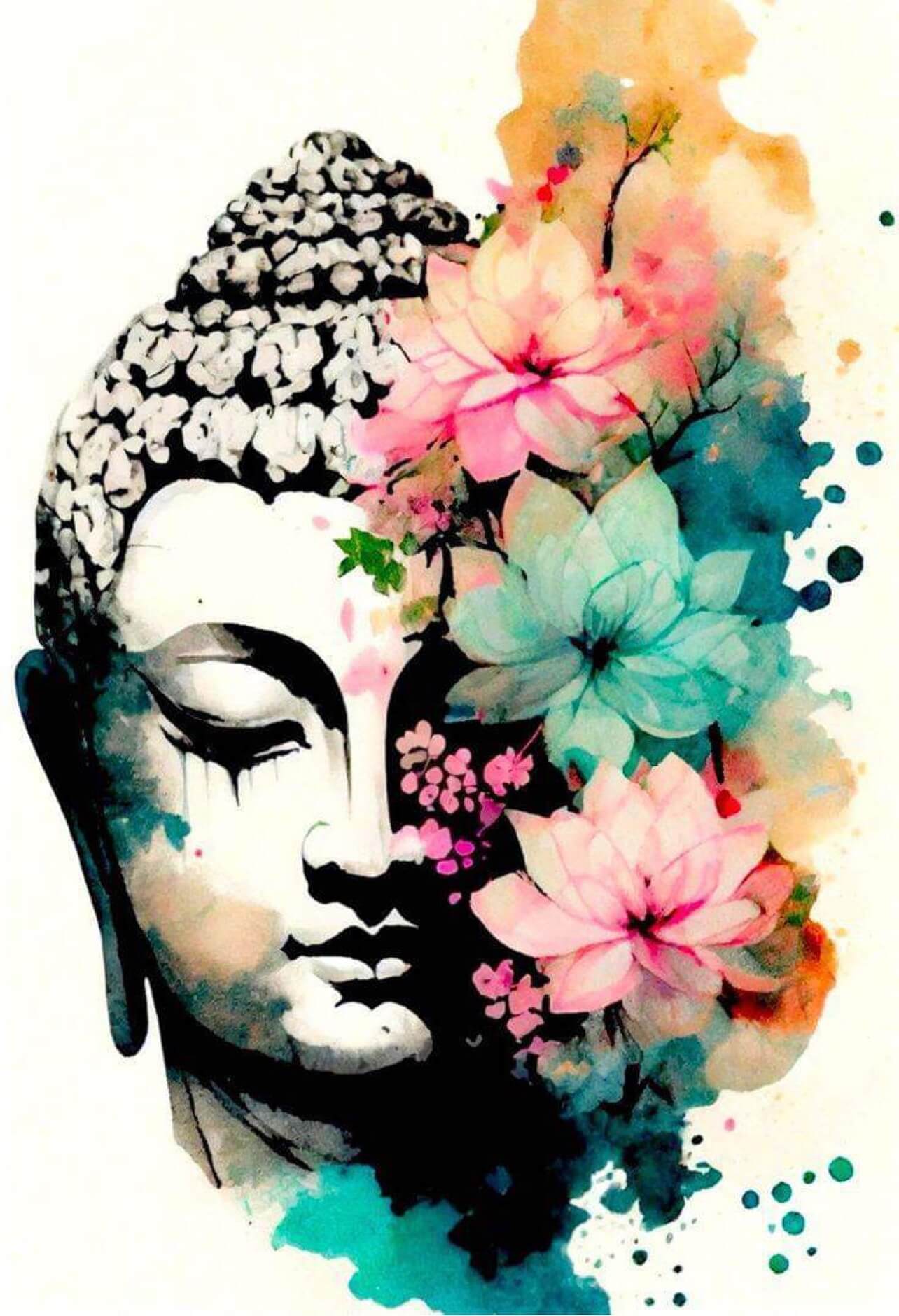 a két egy buddha fejet és zöld, rózsaszín árnyalatú virágokat tartalmaz